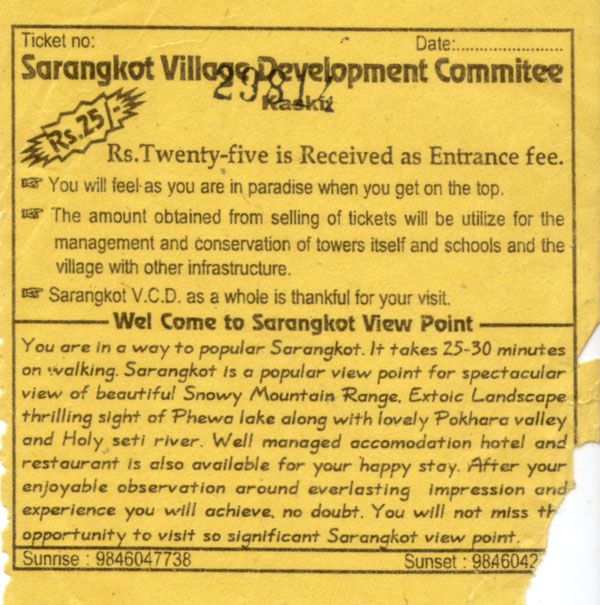Sarangkot ticket - www.countrybagging.com